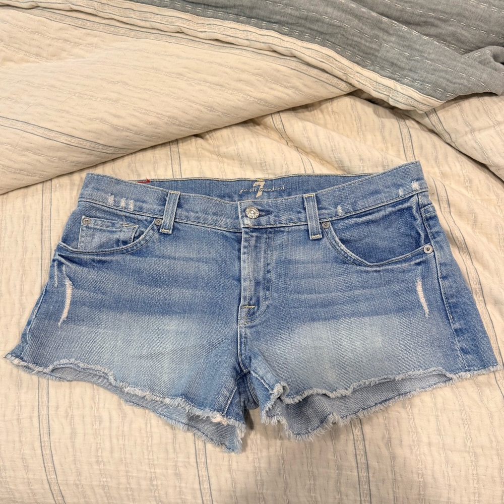 7 For All Mankind Light Blue Distressed Denim Cutoff Shorts
